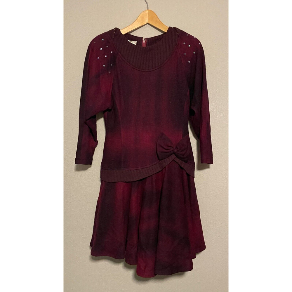 Vintage Womens Dress Medium Purple Wool Beaded Bow Accent Pleated Drop Hem 80s